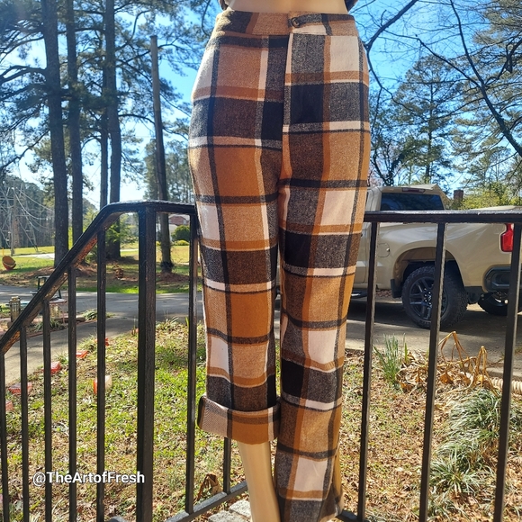 2 Piece Coffee Brown Plaid Cropped Trouser Pants & Vest Matching Set - Picture 9 of 16